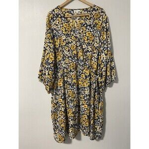Ophelia Roe Wrap Dress‎ Navy Yellow Floral Peasant Sleeves 43" Knee-Length 3XL